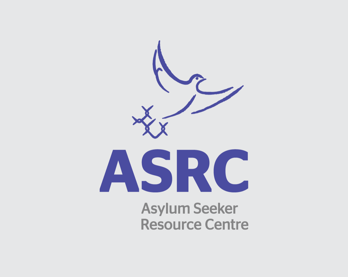 The ASRC logo with purple and grey text and a purple bird soaring over a wire fence