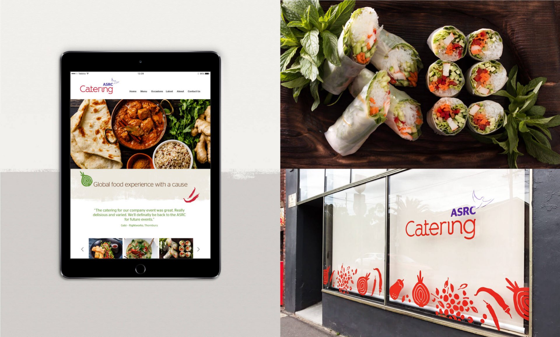 Branding for ASRC catering used across their website and street frontage, with photography of their food