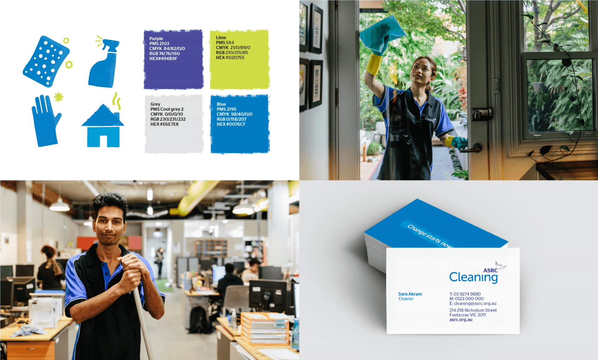 Branding for ASRC Cleaning including illustrations, colour palette, business cards and photography of their staff at work
