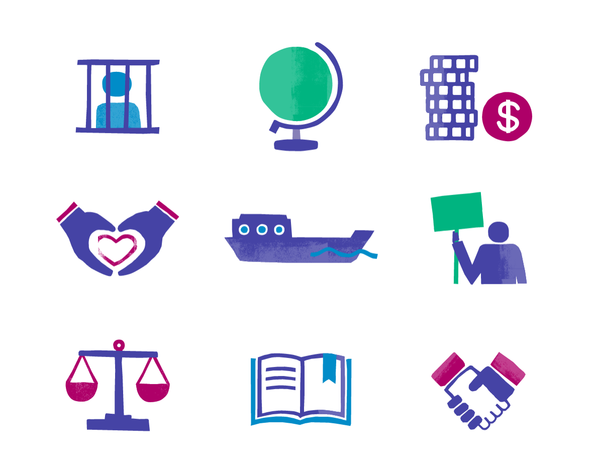 A collection of nine icons for ASRC in purple, green and blue