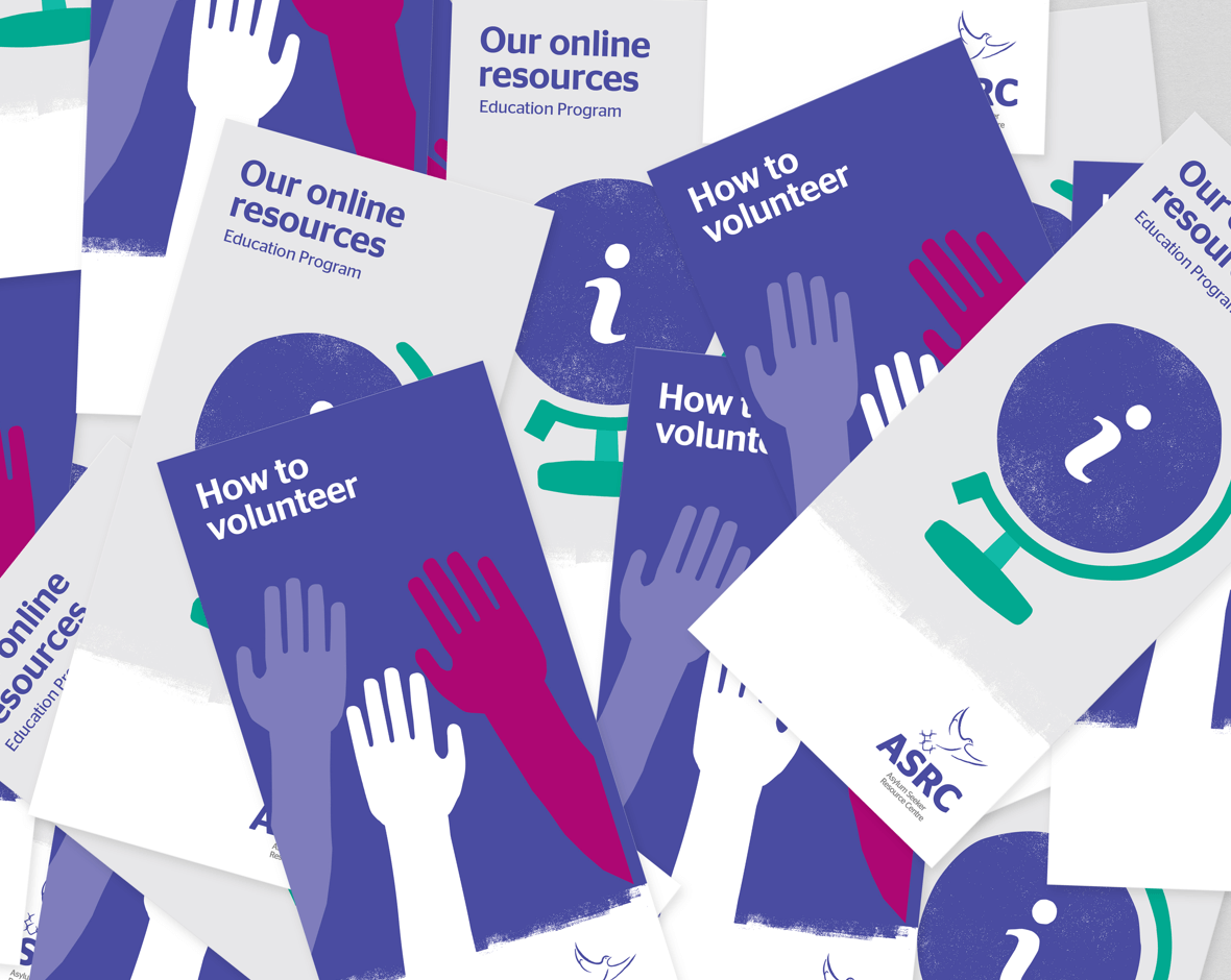 A pile of illustrated brochure covers covering online resources and how to volunteer