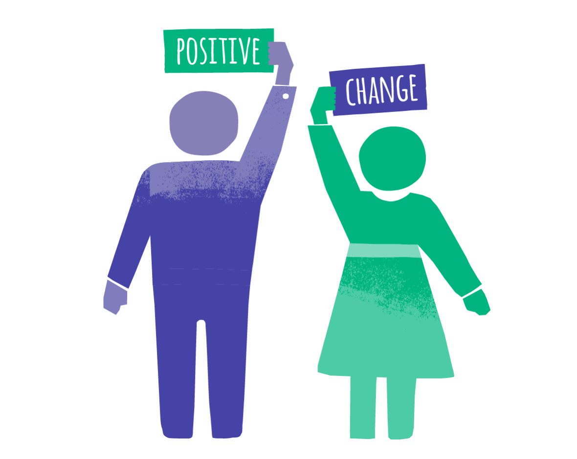Illustration of two figures holding signs saying 'Positive' and 'Change' in green and purple
