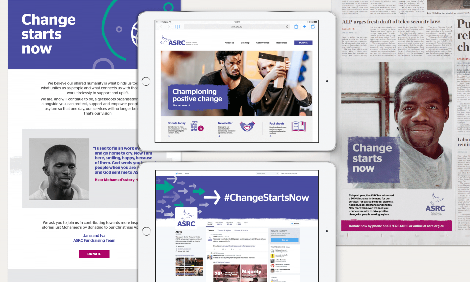 Collateral for the Change Starts Now campaign, including website banners, newspaper ads and a twitter account