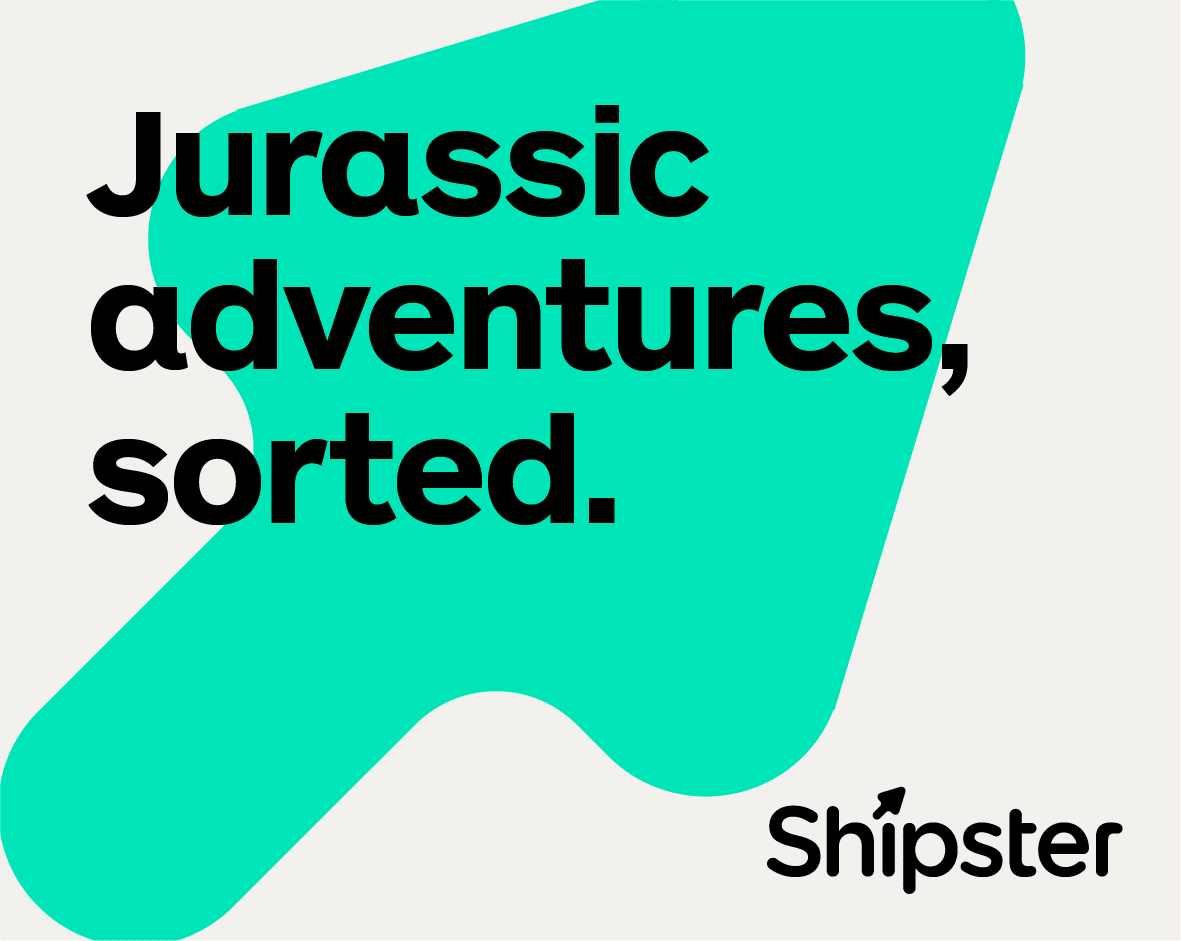 A digital ad for shipster with a large green arrow and the text 'Jurassic adventures, sorted.'