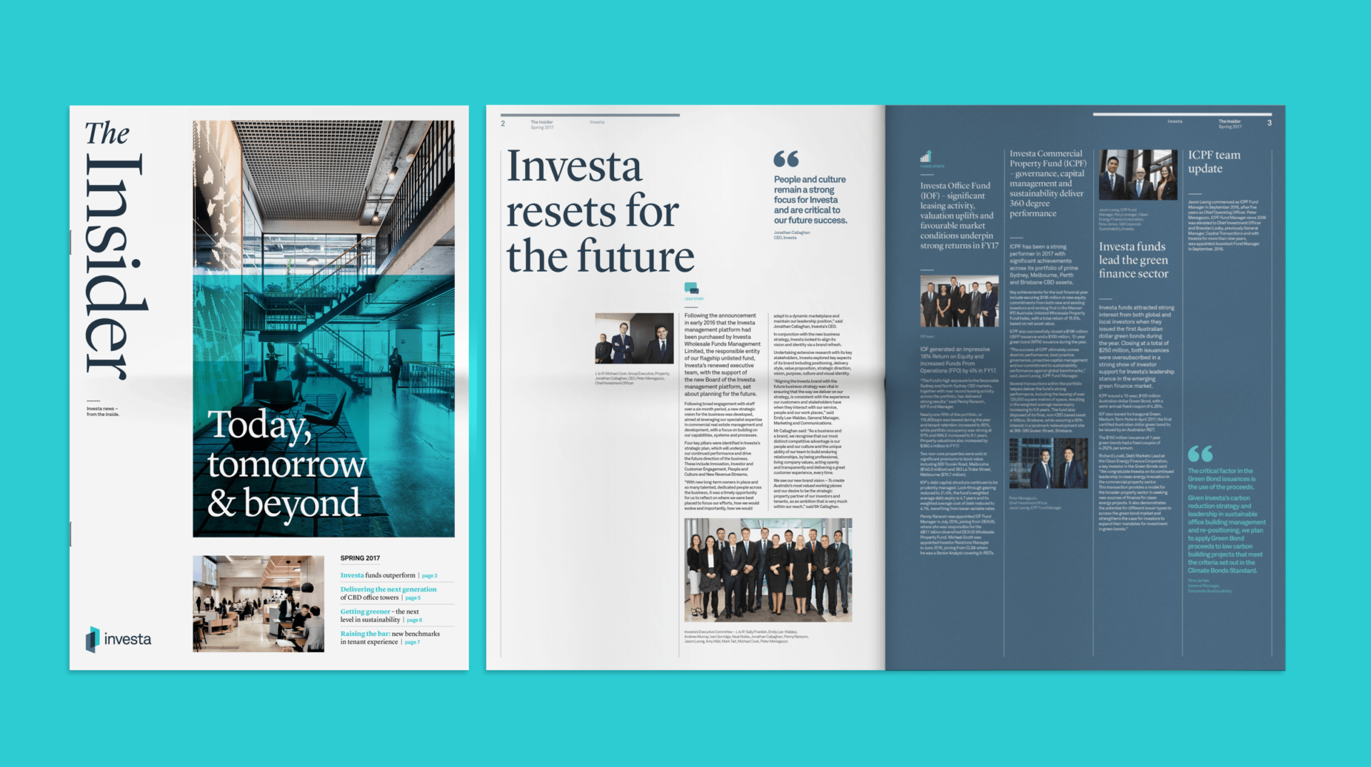 The cover and a spread from the Investa Insider broadsheet